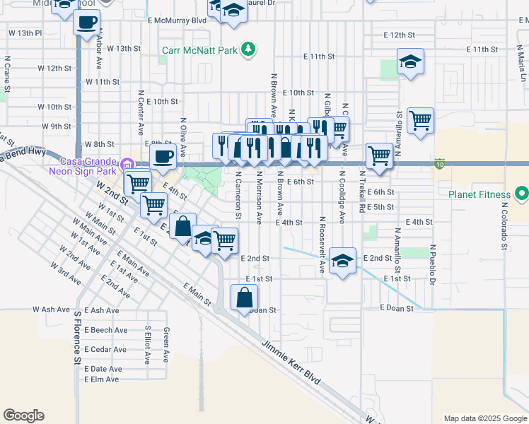 map of restaurants, bars, coffee shops, grocery stores, and more near 409 North Brown Avenue in Casa Grande