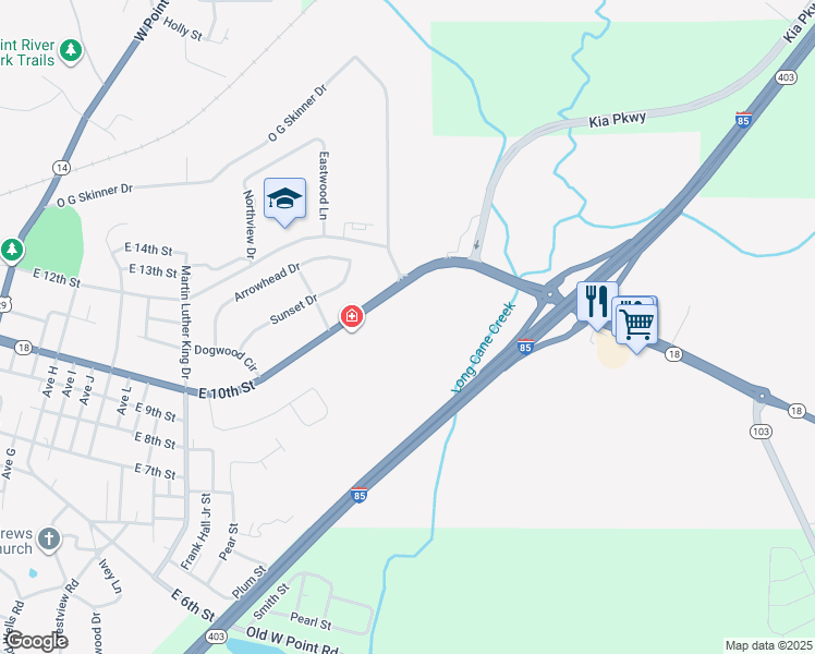 map of restaurants, bars, coffee shops, grocery stores, and more near 1900 Georgia 18 in West Point