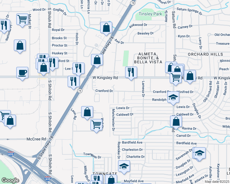 map of restaurants, bars, coffee shops, grocery stores, and more near 2010 Cranford Drive in Garland