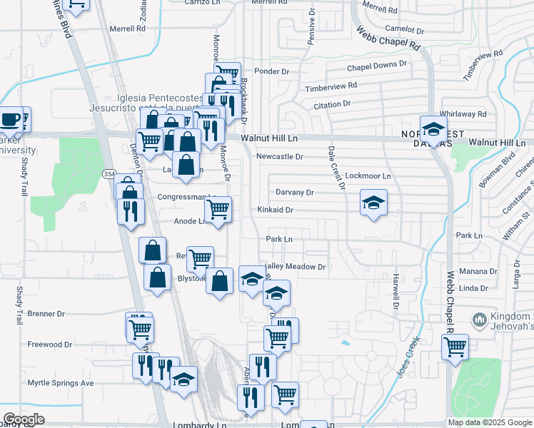 map of restaurants, bars, coffee shops, grocery stores, and more near 3016 Kinkaid Drive in Dallas