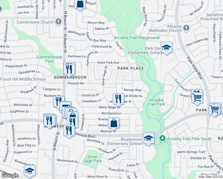 map of restaurants, bars, coffee shops, grocery stores, and more near 7663 Beaver Head Road in Fort Worth