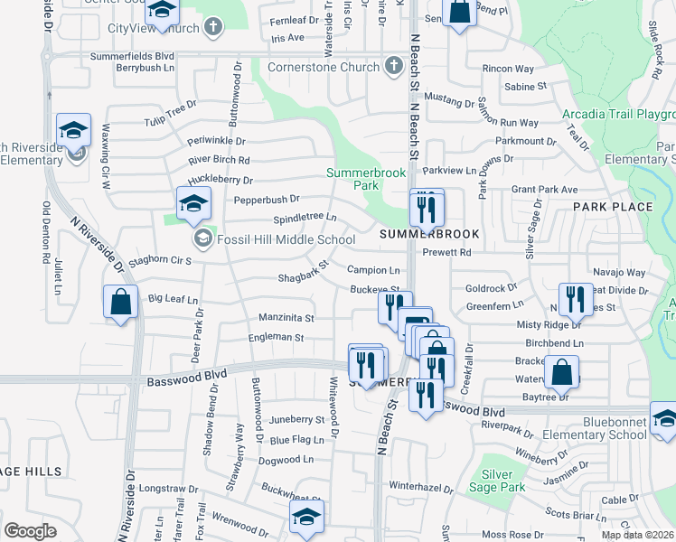 map of restaurants, bars, coffee shops, grocery stores, and more near 4212 Campion Lane in Fort Worth