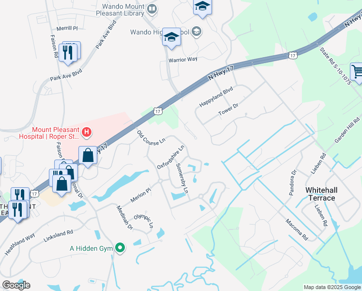 map of restaurants, bars, coffee shops, grocery stores, and more near 1167 Old Course Lane in Mount Pleasant