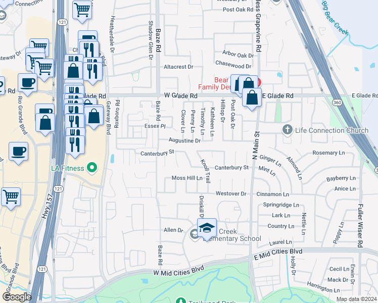 map of restaurants, bars, coffee shops, grocery stores, and more near 2712 Canterbury Street in Euless