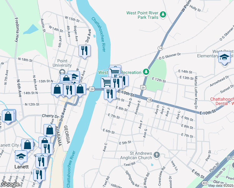 map of restaurants, bars, coffee shops, grocery stores, and more near 210 East 10th Street in West Point