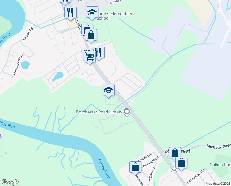 map of restaurants, bars, coffee shops, grocery stores, and more near 6455 Dorchester Road in North Charleston