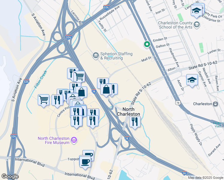 map of restaurants, bars, coffee shops, grocery stores, and more near  in North Charleston