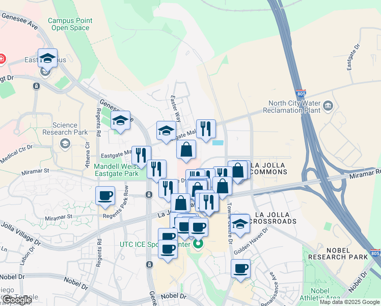 map of restaurants, bars, coffee shops, grocery stores, and more near 4435 Eastgate Mall in San Diego