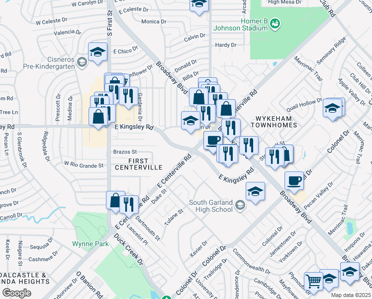 map of restaurants, bars, coffee shops, grocery stores, and more near 264 East Kingsley Road in Garland