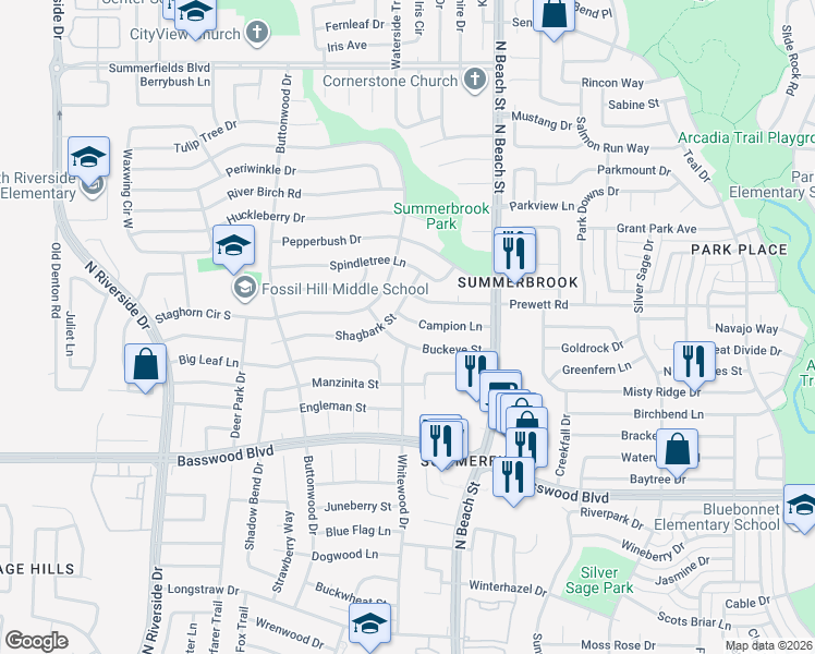 map of restaurants, bars, coffee shops, grocery stores, and more near 4212 Campion Lane in Fort Worth