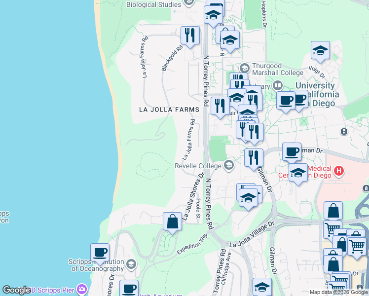 map of restaurants, bars, coffee shops, grocery stores, and more near 9450 La Jolla Farms Road in San Diego
