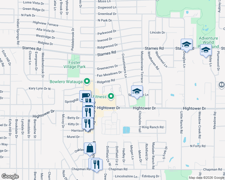 map of restaurants, bars, coffee shops, grocery stores, and more near 6889 Hightower Drive in North Richland Hills