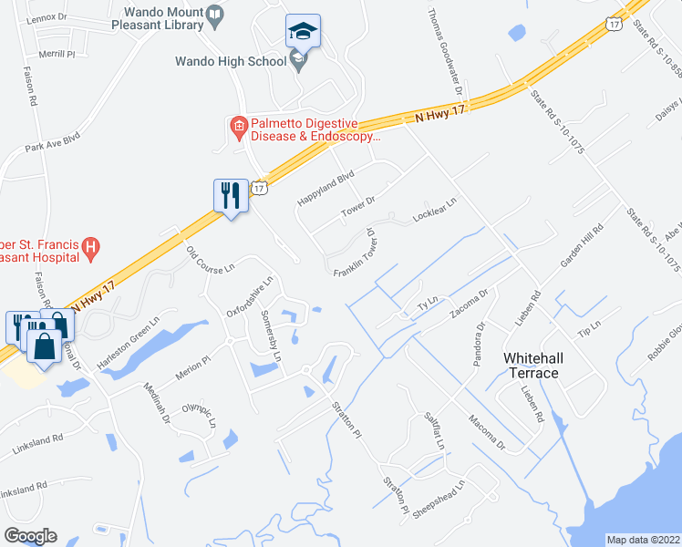 map of restaurants, bars, coffee shops, grocery stores, and more near 3595 Franklin Tower Drive in Mount Pleasant