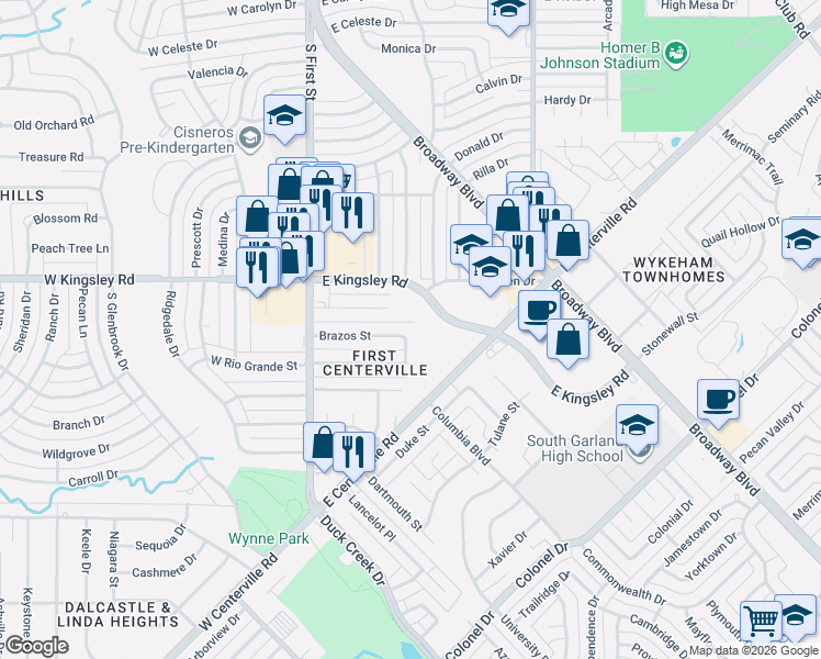 map of restaurants, bars, coffee shops, grocery stores, and more near 3202 Trinity Street in Garland