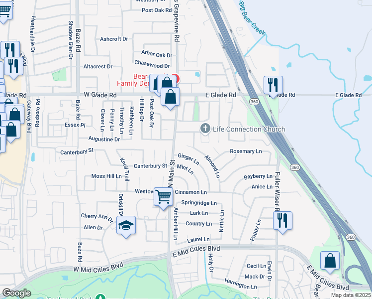 map of restaurants, bars, coffee shops, grocery stores, and more near 104 Almond Lane in Euless