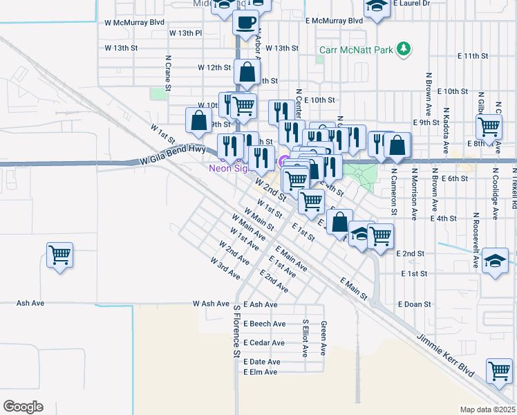 map of restaurants, bars, coffee shops, grocery stores, and more near 112 North Sacaton Street in Casa Grande