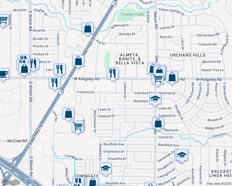 map of restaurants, bars, coffee shops, grocery stores, and more near Cranford Drive in Garland
