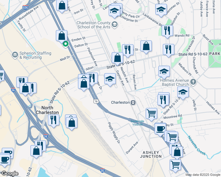 map of restaurants, bars, coffee shops, grocery stores, and more near 1999 Singley Lane in North Charleston