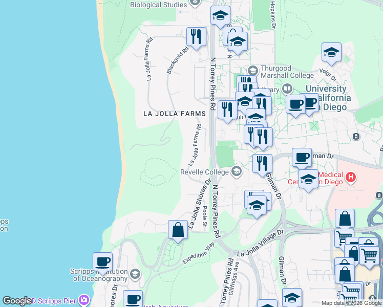 map of restaurants, bars, coffee shops, grocery stores, and more near 9438 La Jolla Farms Road in San Diego