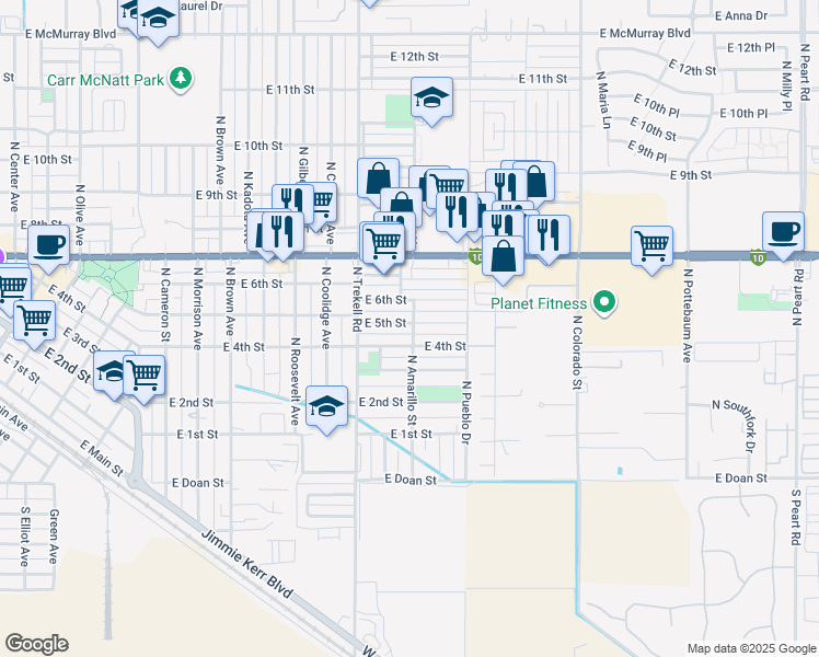 map of restaurants, bars, coffee shops, grocery stores, and more near 1123 East 5th Street in Casa Grande