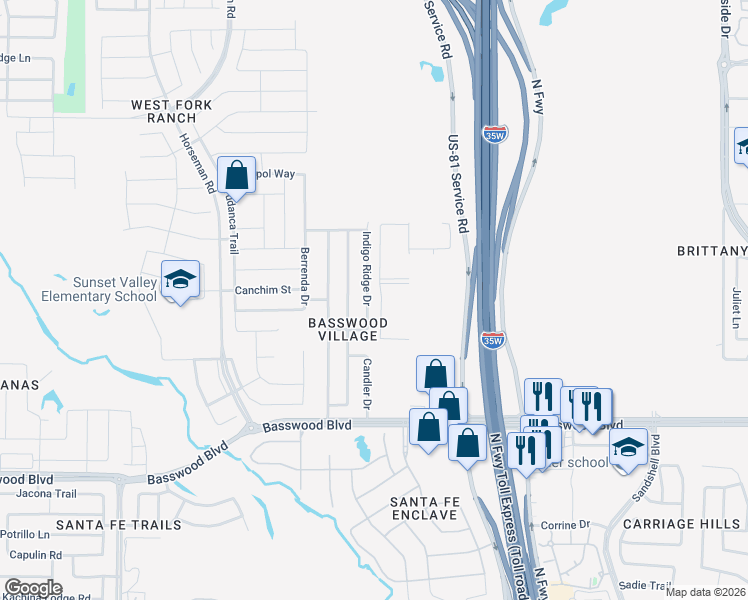 map of restaurants, bars, coffee shops, grocery stores, and more near 7564 Indigo Ridge Drive in Fort Worth