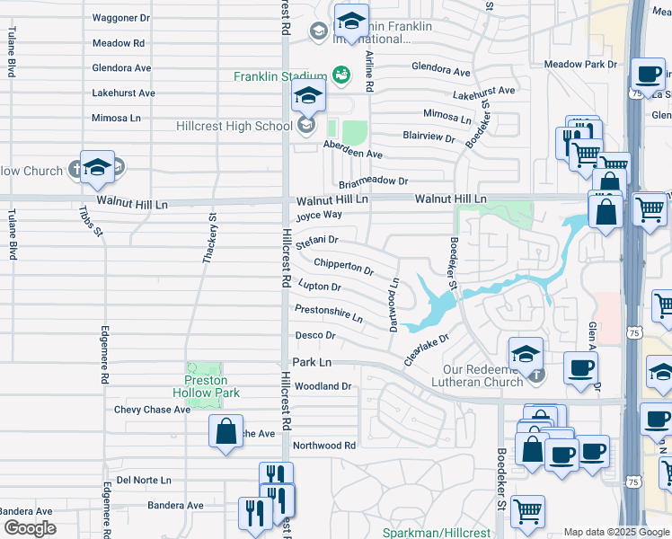 map of restaurants, bars, coffee shops, grocery stores, and more near 7040 Chipperton Drive in Dallas