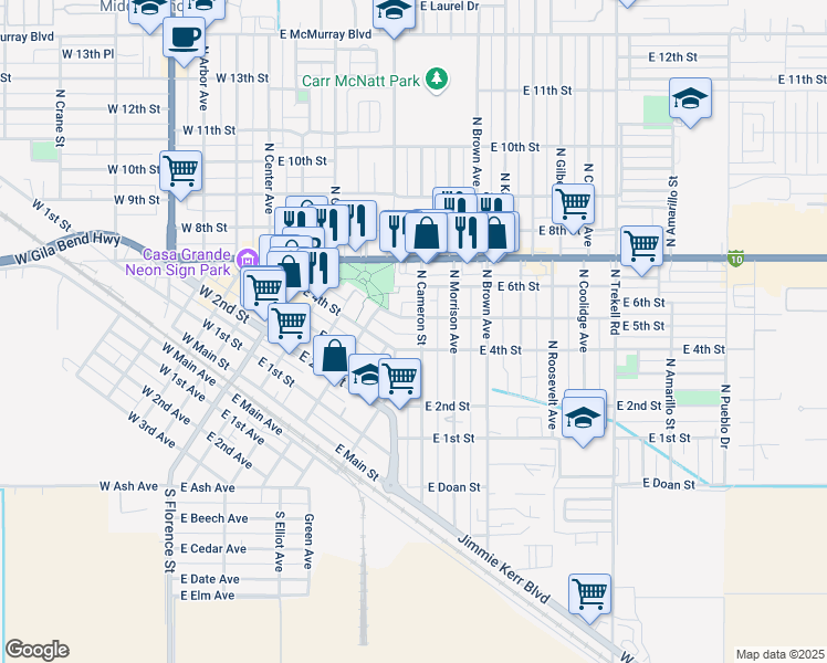 map of restaurants, bars, coffee shops, grocery stores, and more near 503 East 5th Street in Casa Grande