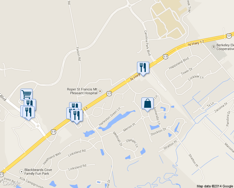 map of restaurants, bars, coffee shops, grocery stores, and more near 1112 Legends Club Drive in Mount Pleasant