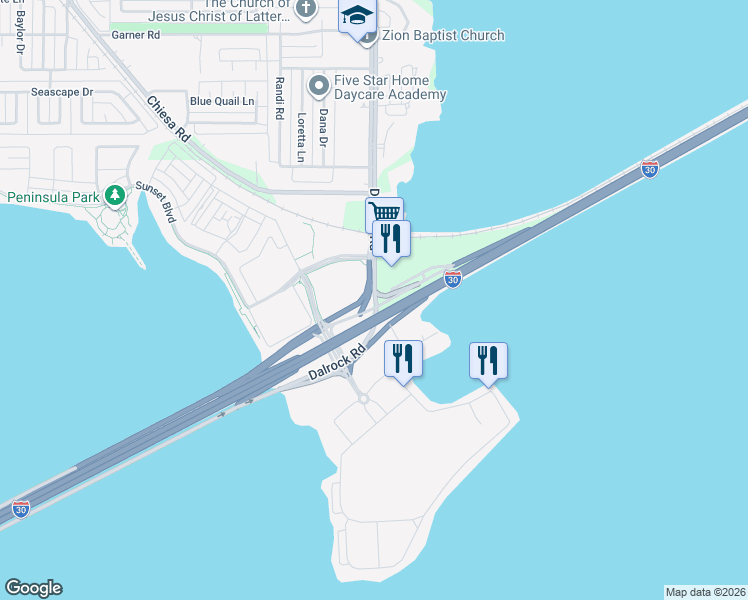 map of restaurants, bars, coffee shops, grocery stores, and more near Interstate 30 Frontage Rd & Dalrock Rd in Rowlett