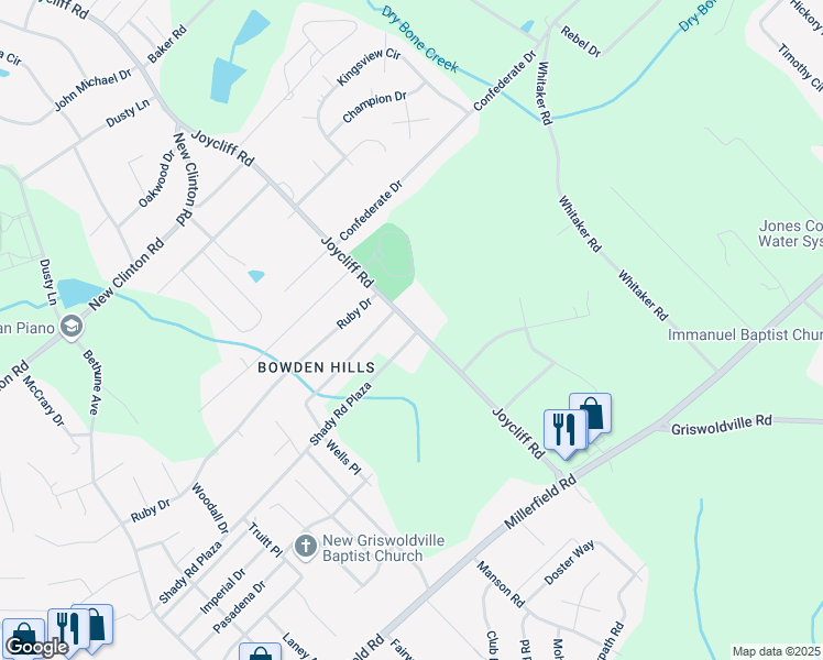 map of restaurants, bars, coffee shops, grocery stores, and more near Shady Road Plaza in Macon