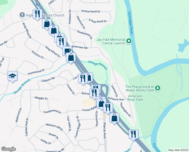 map of restaurants, bars, coffee shops, grocery stores, and more near 2702-2718 Sheraton Drive in Macon