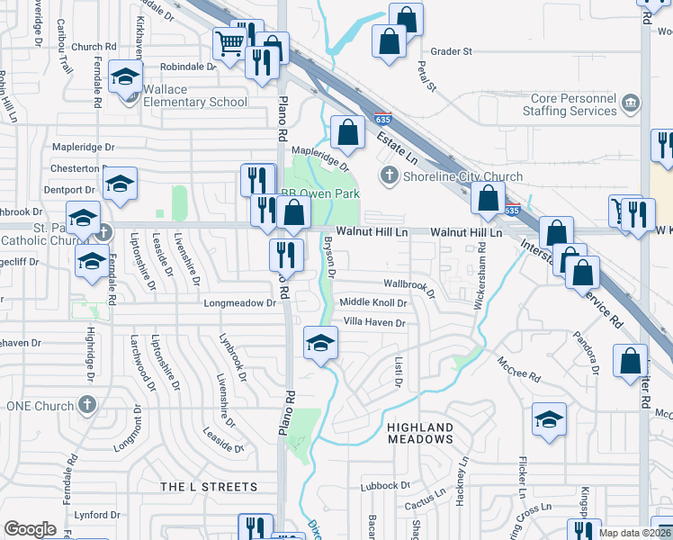 map of restaurants, bars, coffee shops, grocery stores, and more near 10805 Wallbrook Drive in Dallas