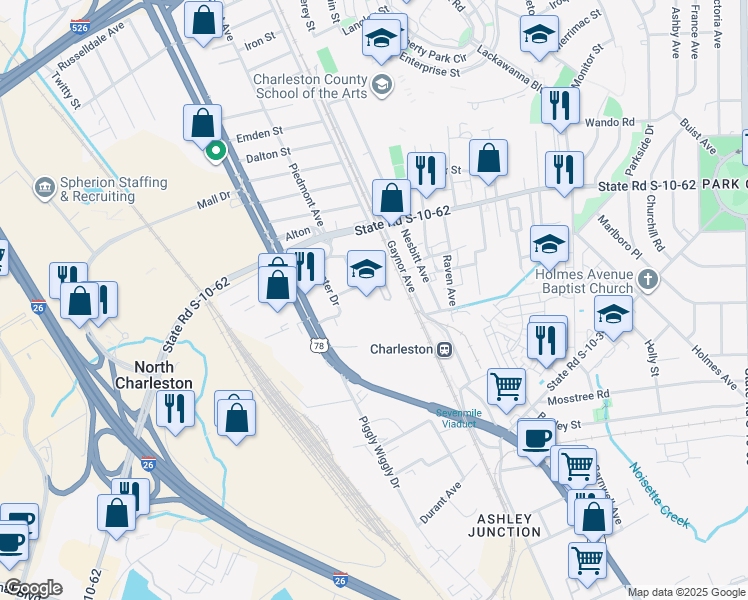 map of restaurants, bars, coffee shops, grocery stores, and more near 1999 Singley Lane in North Charleston