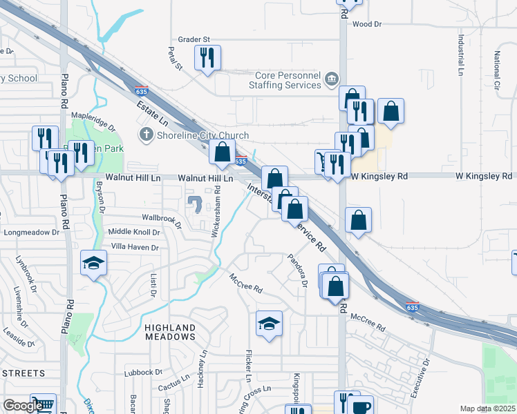 map of restaurants, bars, coffee shops, grocery stores, and more near 11363 Amanda Lane in Dallas