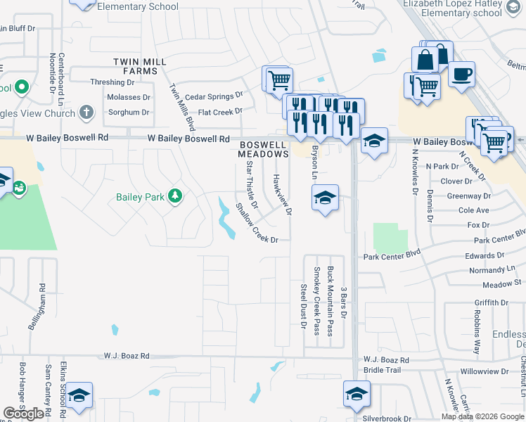 map of restaurants, bars, coffee shops, grocery stores, and more near 8504 Star Thistle Drive in Fort Worth