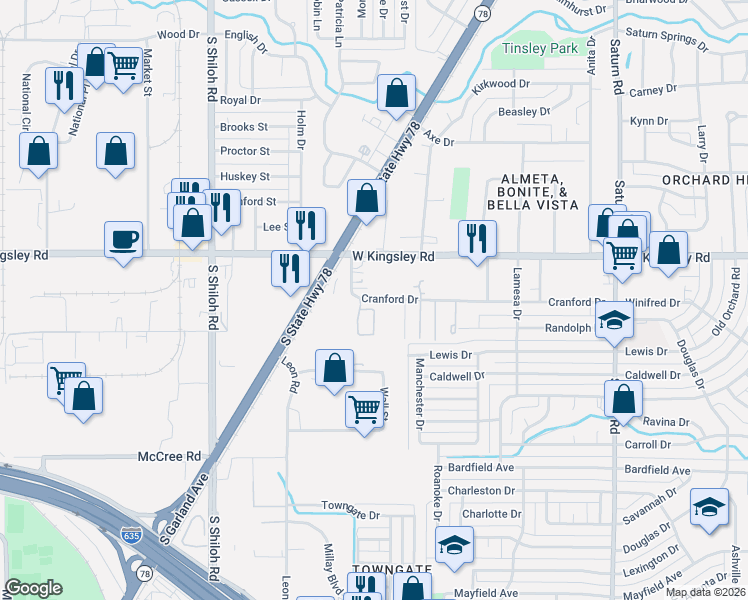 map of restaurants, bars, coffee shops, grocery stores, and more near 2126 Cranford Drive in Garland