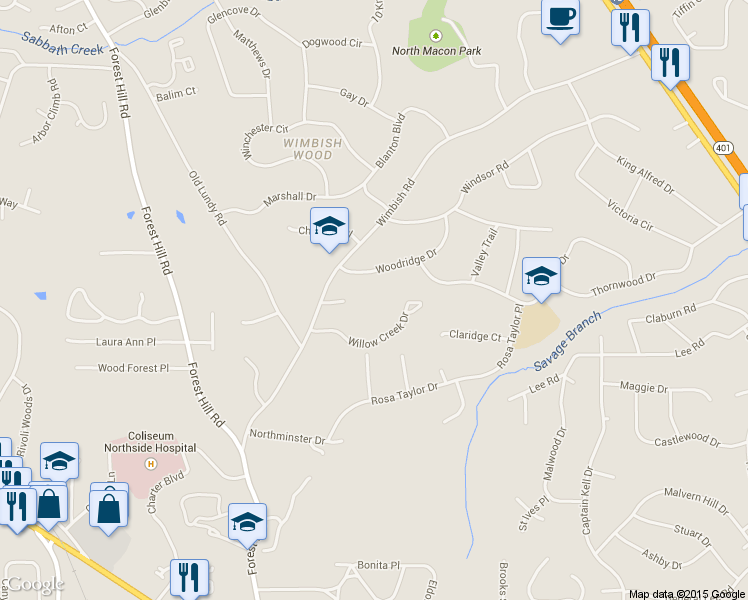 map of restaurants, bars, coffee shops, grocery stores, and more near 200 Village Lane in Macon