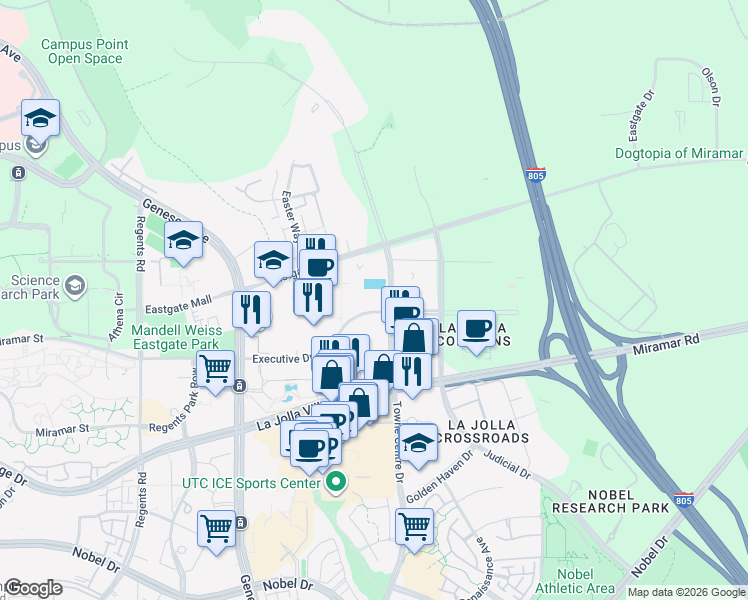 map of restaurants, bars, coffee shops, grocery stores, and more near 9360 Executive Drive in San Diego