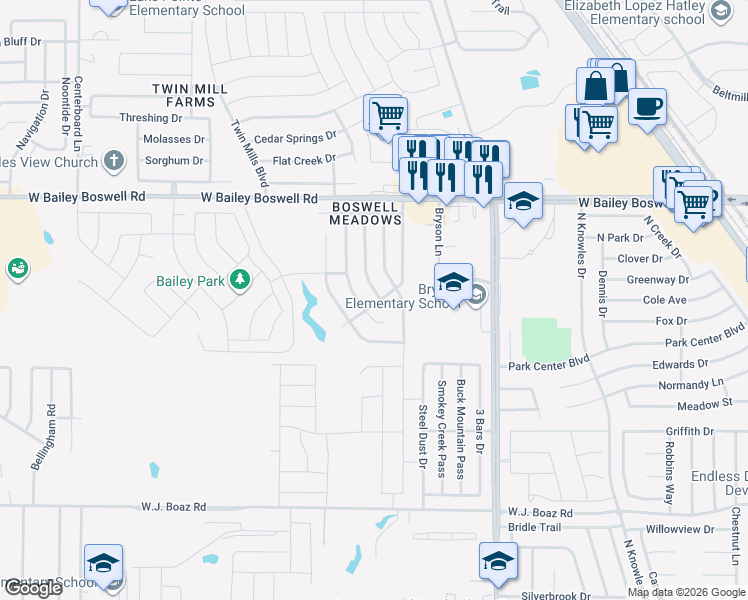 map of restaurants, bars, coffee shops, grocery stores, and more near 8500 Star Thistle Drive in Fort Worth