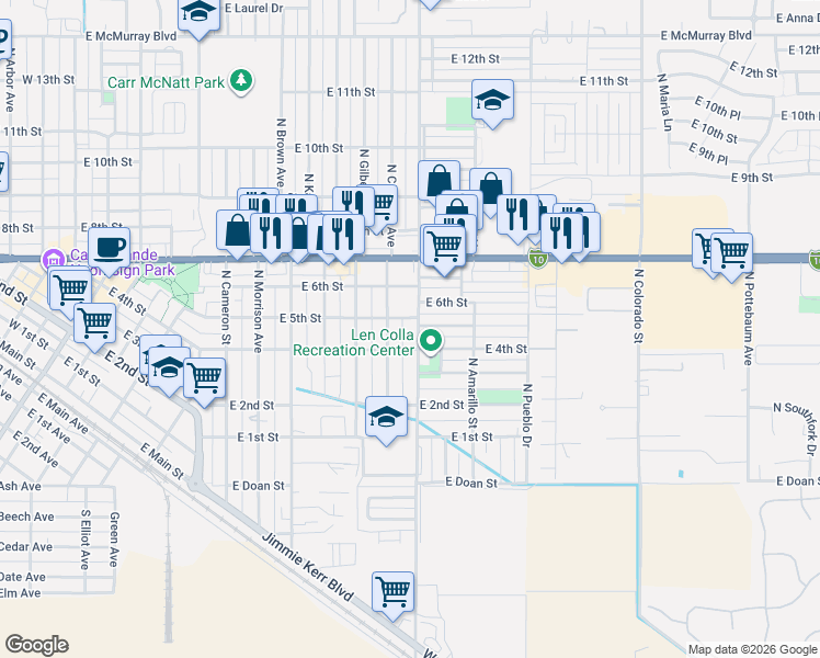 map of restaurants, bars, coffee shops, grocery stores, and more near 408 North Coolidge Avenue in Casa Grande