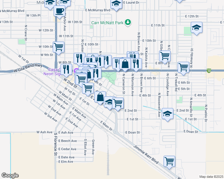 map of restaurants, bars, coffee shops, grocery stores, and more near 405 East 4th Street in Casa Grande