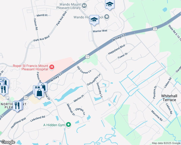 map of restaurants, bars, coffee shops, grocery stores, and more near 1127 Old Course Lane in Mount Pleasant