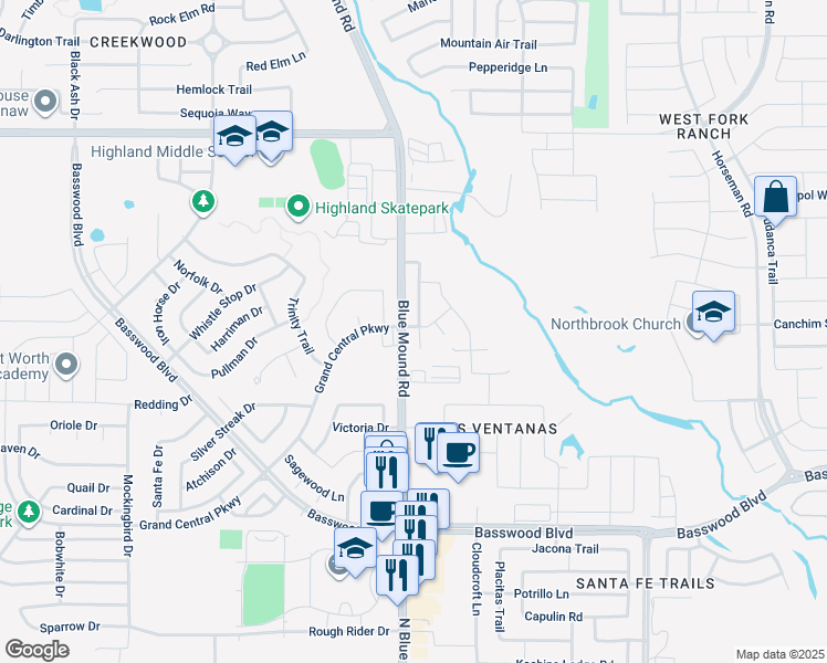 map of restaurants, bars, coffee shops, grocery stores, and more near 7433 Lazy Spur Boulevard in Fort Worth