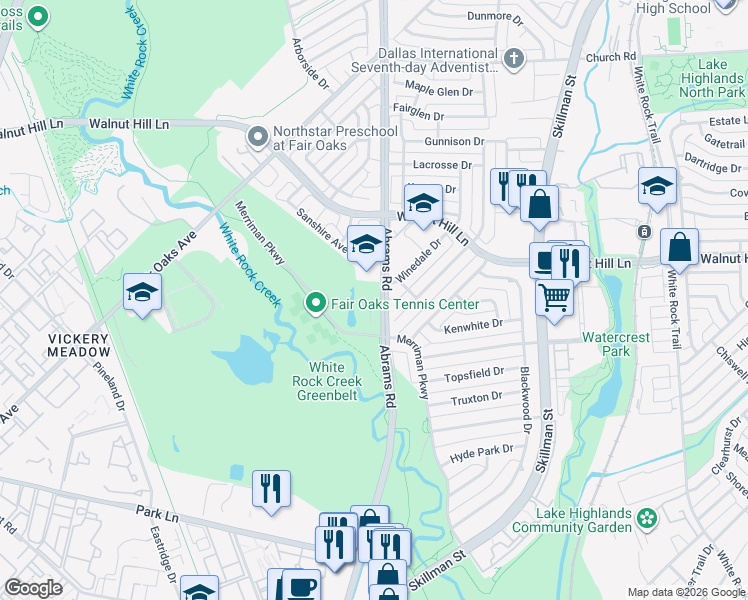 map of restaurants, bars, coffee shops, grocery stores, and more near 7215 Abrams Place Court in Dallas