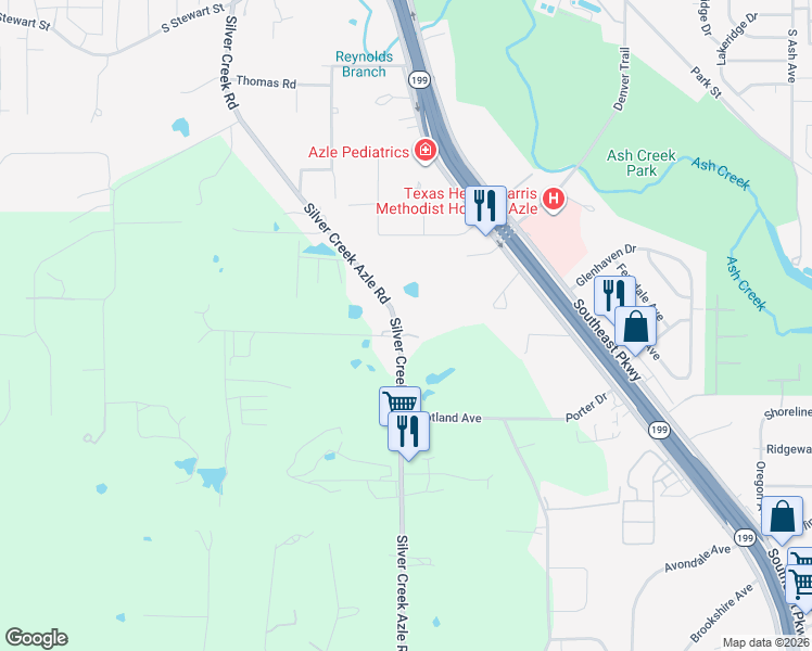 map of restaurants, bars, coffee shops, grocery stores, and more near 901 Silver Creek Road in Azle