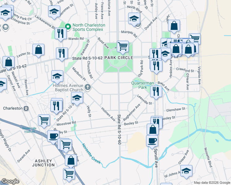 map of restaurants, bars, coffee shops, grocery stores, and more near 1207 South Boulevard in North Charleston