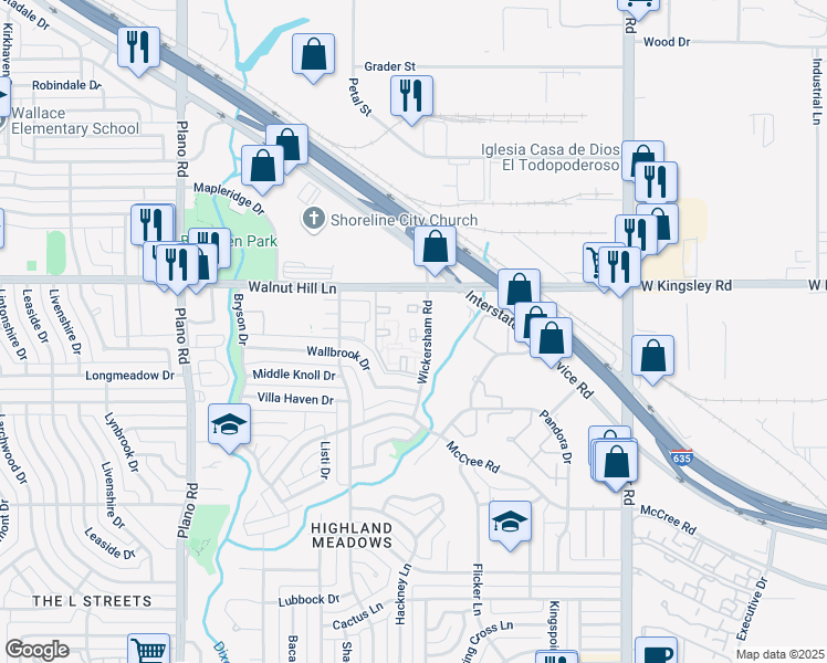 map of restaurants, bars, coffee shops, grocery stores, and more near 9603 Wickersham Road in Dallas