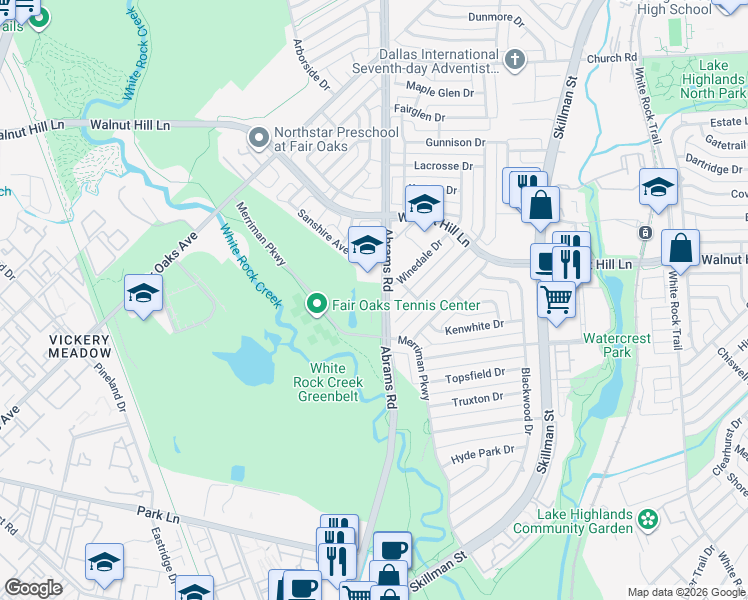 map of restaurants, bars, coffee shops, grocery stores, and more near 7215 Abrams Place Court in Dallas