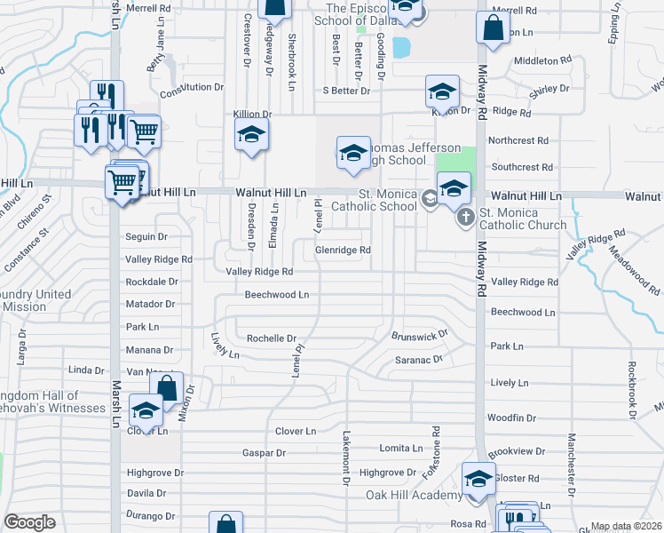 map of restaurants, bars, coffee shops, grocery stores, and more near 4006 Valley Ridge Road in Dallas