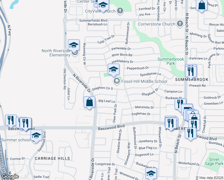 map of restaurants, bars, coffee shops, grocery stores, and more near 3813 Flintwood Trail in Fort Worth